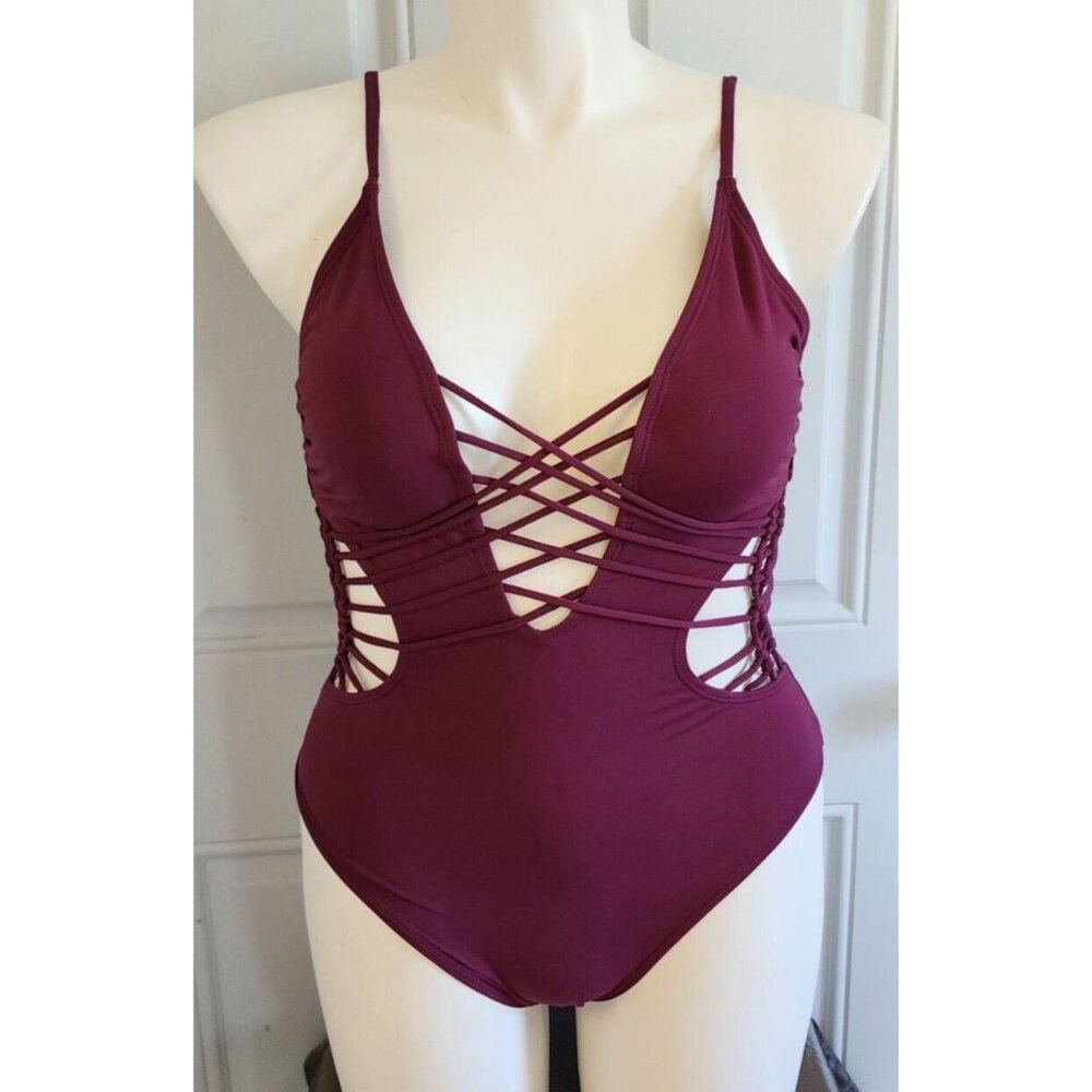 Ambrielle Women's Strappy Criss Cross One Piece Swimsuit Solid Purple Size Small